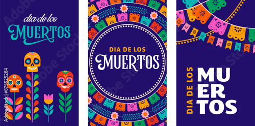 Day of the Dead, Dia de los Muertos, Mexican holiday. Vector poster, banner and card in modern geometrical style, with skulls, church, guitar and flowers