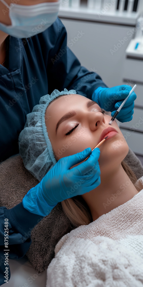 a girl of Slavic appearance at a cosmetologist's appointment, on a couch in a cosmetology room, a cosmetologist makes permanent lip makeup, it looks like a real photo, clear, day, 2024, blue colors in a girl of Slavic appearance at a cosmetologist's appointment, on a couch in a cosmetology room, a cosmetologist makes permanent lip makeup, it looks like a real photo, clear, day, 2024, blue colors in