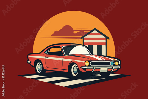 A t-shirt design with a vintage muscle car in front of a retro diner backdrop. t-shirt design like round