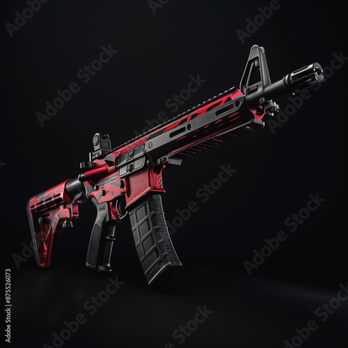 M4 rifle with red and black color scheme and dark patterns photo