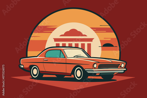 A t-shirt design with a vintage muscle car in front of a retro diner backdrop. t-shirt design like round