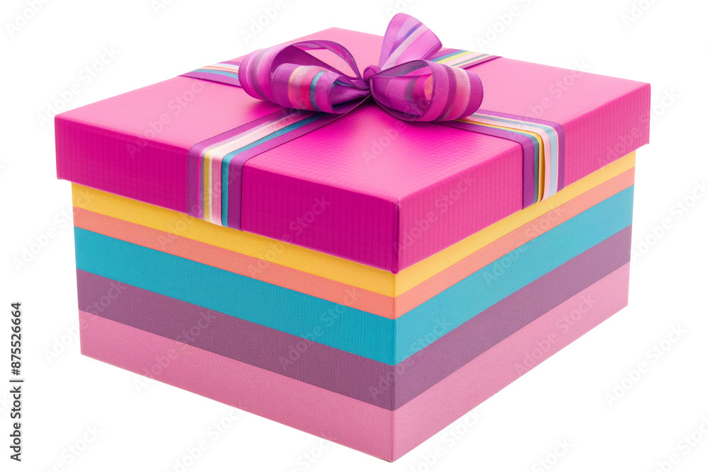 Obraz premium A vibrant square-shaped gift box with colorful stripes and a matching ribbon, isolated on a transparent background. Perfect for birthdays, celebrations, and festive occasions