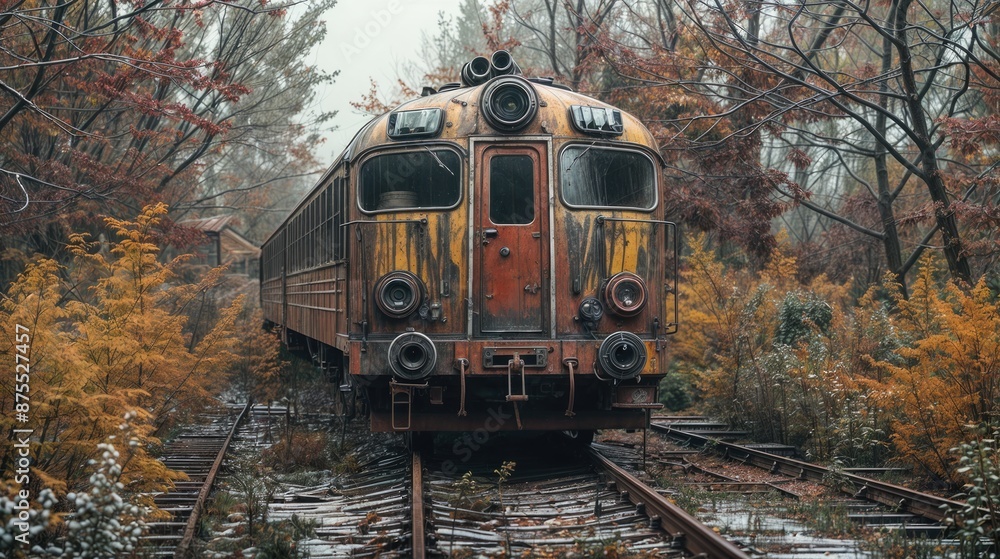 The abandoned train, rusted and decaying, sits on overgrown railway tracks amidst a tangle of trees and bushes. The abandoned train, rusted and decaying, sits on overgrown railway tracks amidst a tangle of trees and bushes.