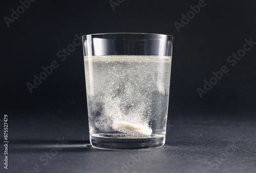 Effervescent pill dissolving in glass of water on grey table