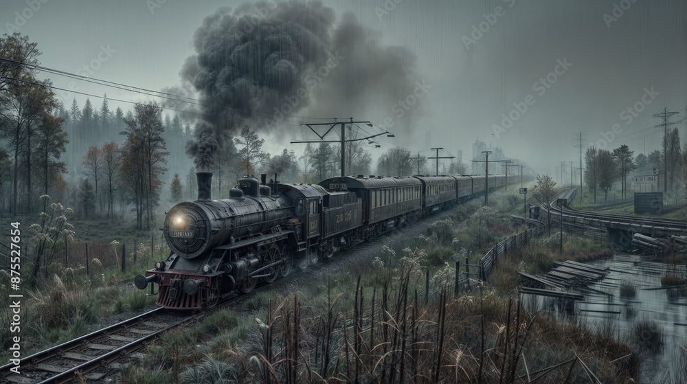 Black steam locomotive on the railroad, traveling in a foggy industrial area with surrounding coal and smoke clouds. Black steam locomotive on the railroad, traveling in a foggy industrial area with surrounding coal and smoke clouds.