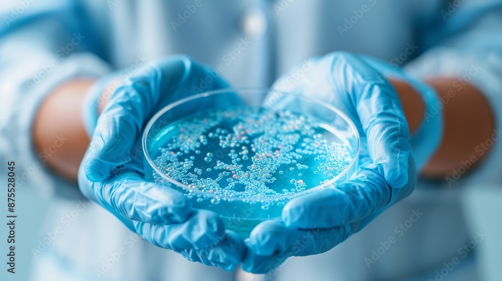 Fototapeta premium Hands in blue medical gloves holding petri dish with bacteria in laboratory close up view