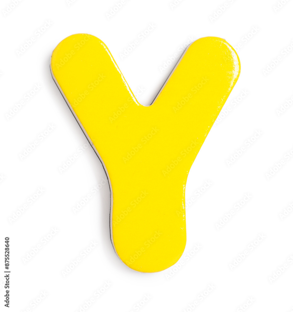 Yellow magnetic letter Y isolated on white, top view. Alphabet Yellow magnetic letter Y isolated on white, top view. Alphabet