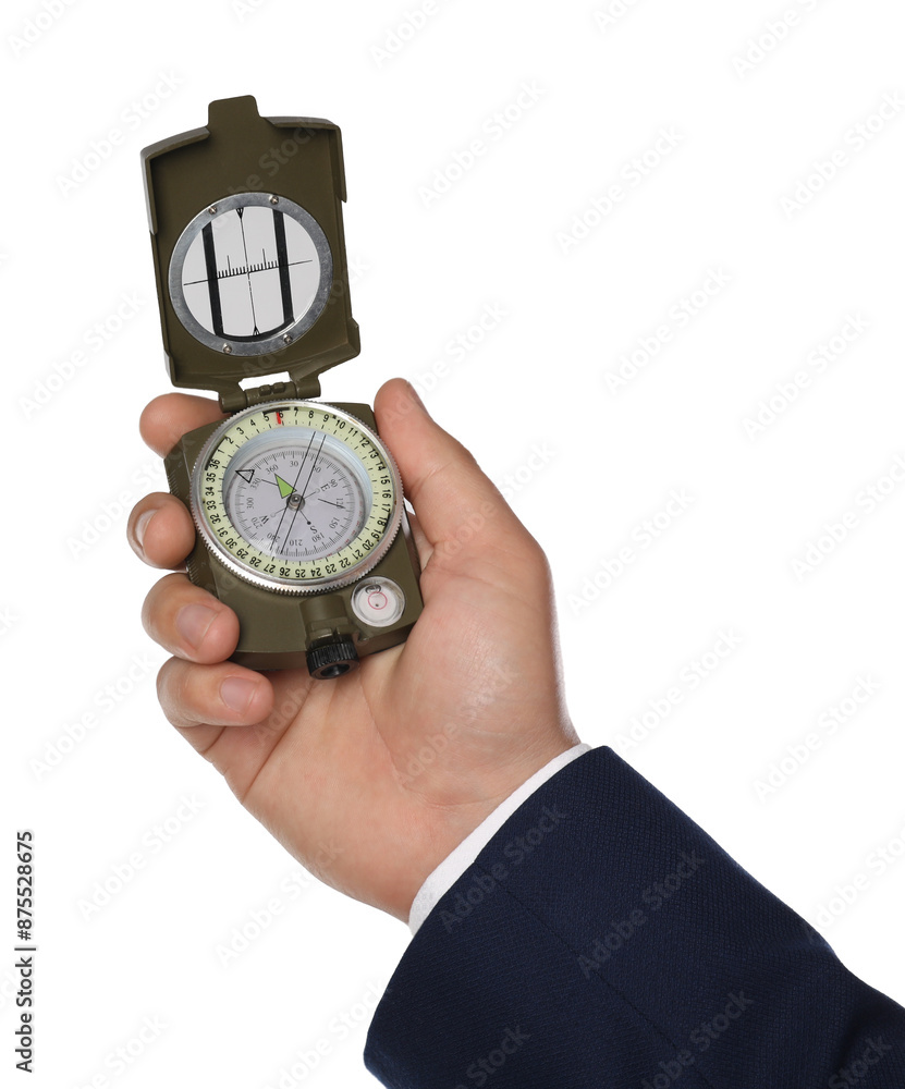 Man holding compass on white background, closeup Man holding compass on white background, closeup