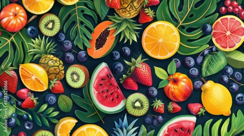 Wallpaper Mural A seamless pattern of colorful fruits for a beach background, fruit, seamless, pattern, tropical, fresh, healthy, natural, vibrant, organic, juicy, delicious, tropical, colorful. Torontodigital.ca