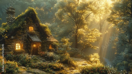 An enchanting magical forest with a rustic hut. Misterial, fairytale, woodlands, fantasy, whimsical, nature, serenity, mystical, magical, enchanting, secluded, cabin, wilderness, secluded. © Avve Diana