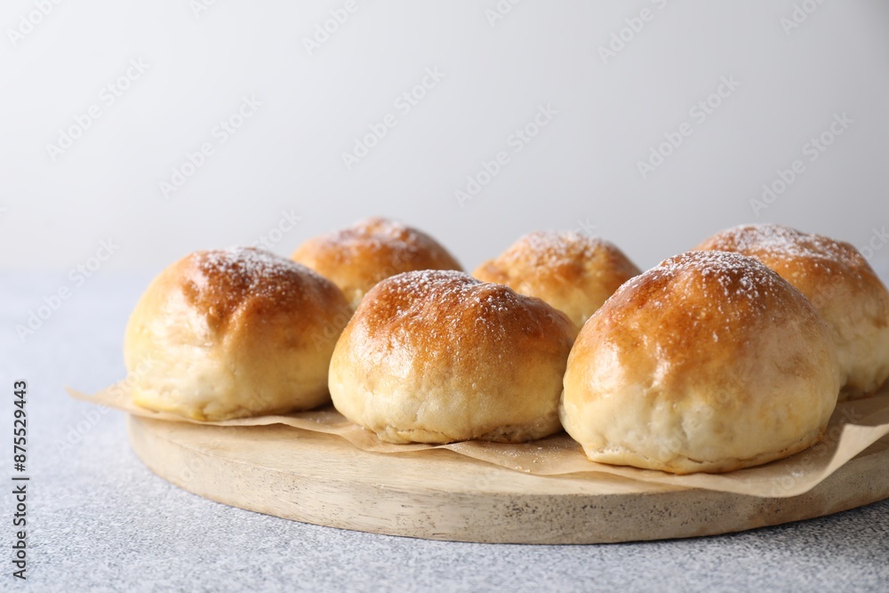 Delicious dough balls on grey table, closeup Delicious dough balls on grey table, closeup