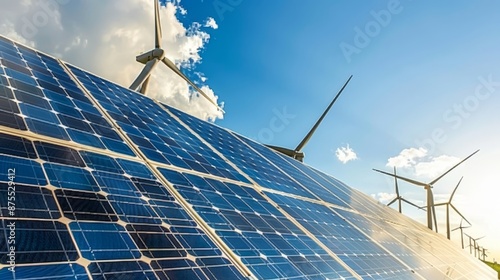 Renewable energy setup with solar panels and wind turbines for sustainable power generation photo