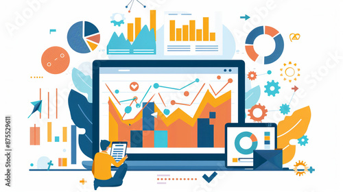 Digital Marketing. Sales data analysis and economic growth chart. Businessman with smartphone and laptop. Businessman using tablet and laptop analyzes sales data and economic growth chart. Business