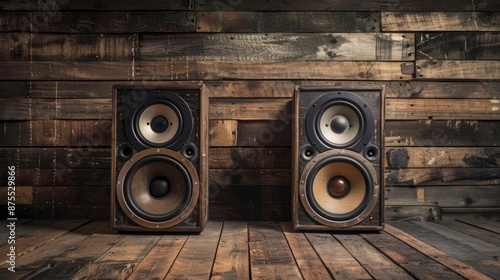 A wooden speaker is sitting on a wooden floor. Generate AI image