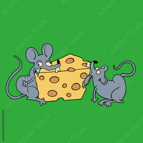 Funny Cartoon Rats Eating Cheese Vector