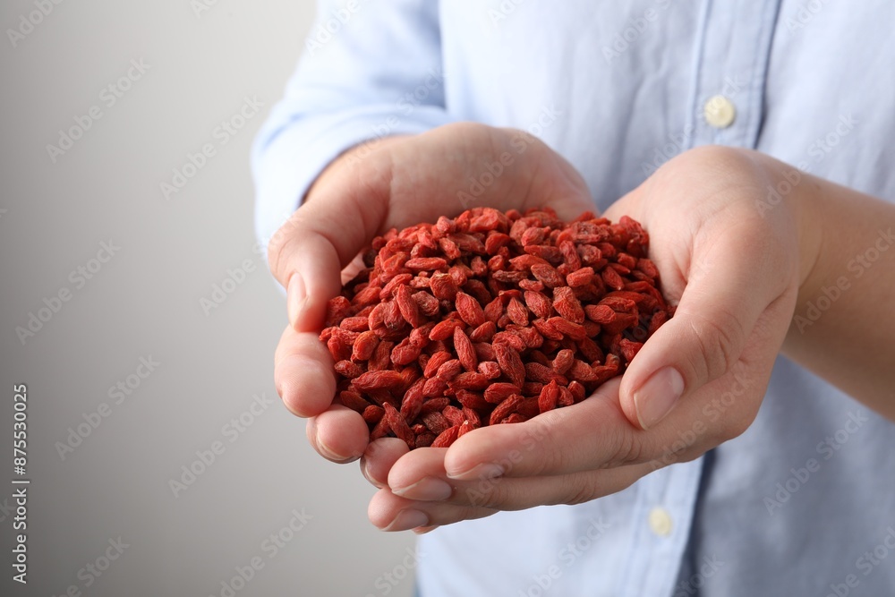 Woman holding pile of dried goji berries on grey background, closeup. Space for text Woman holding pile of dried goji berries on grey background, closeup. Space for text