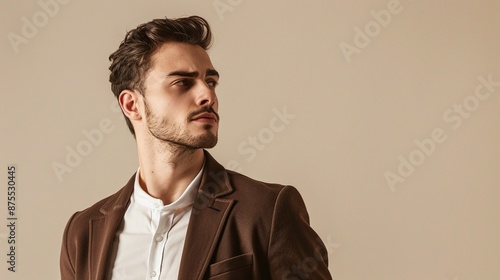 Portrait of a young man in a brown blazer on a beige background. Studio photography. Fashion and lifestyle concept.