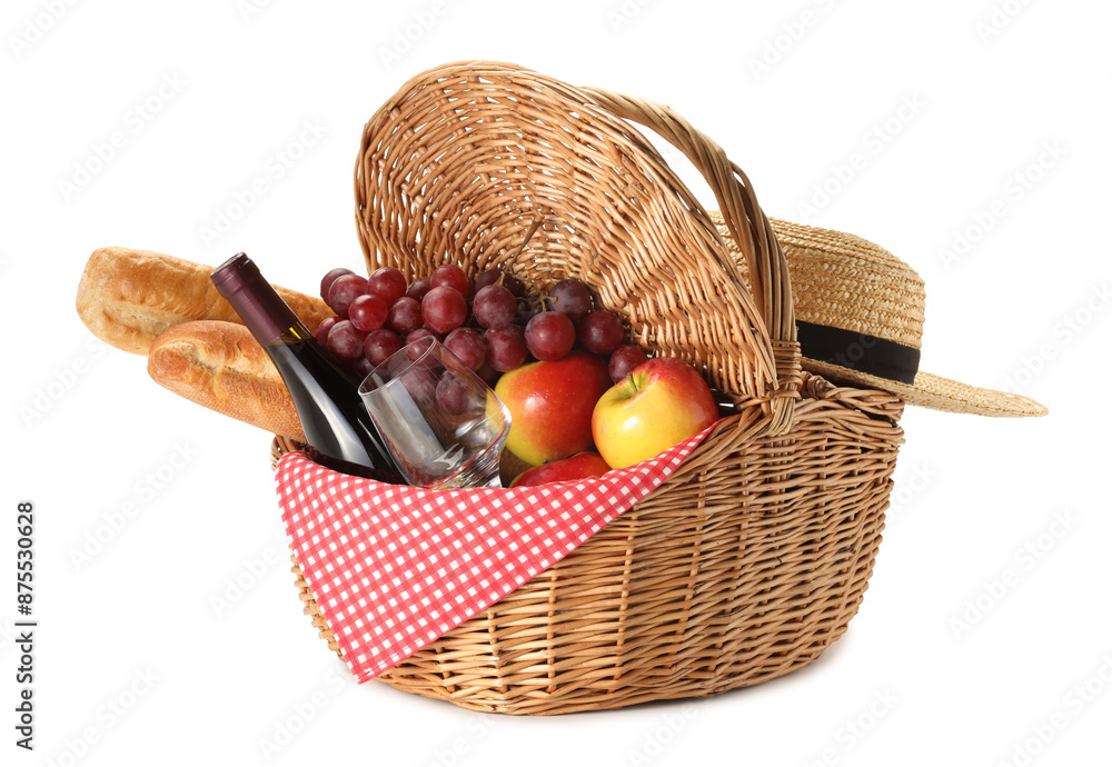 Picnic basket with food and wine isolated on white Picnic basket with food and wine isolated on white