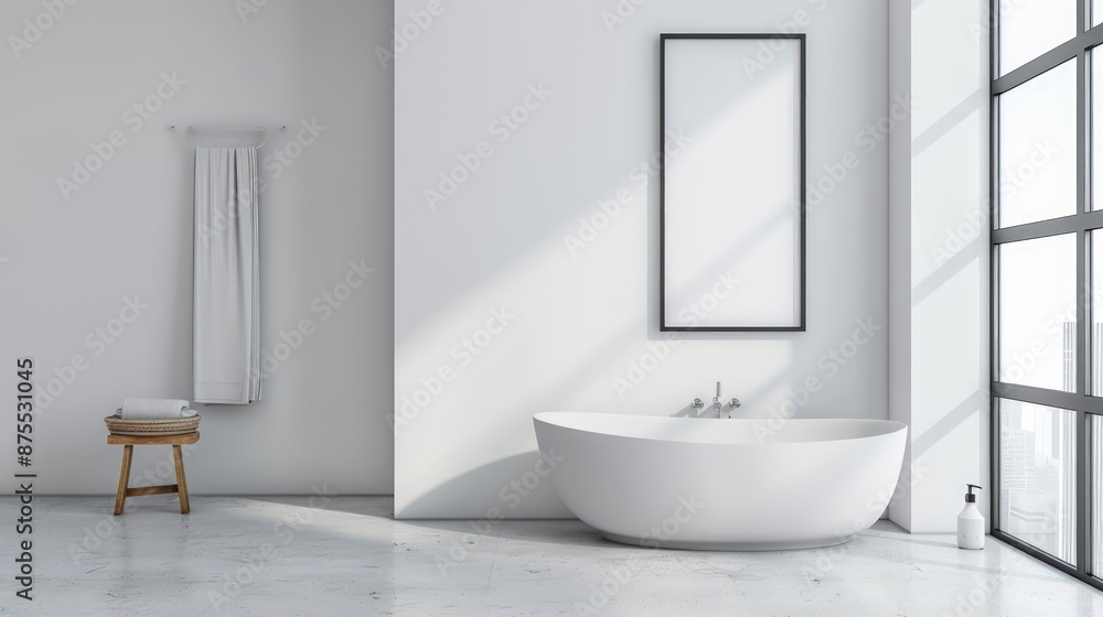 Fototapeta premium A white bathroom with a bathtub and a towel rack. Generate AI image
