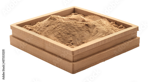 A modern, square-shaped sandpit for children, isolated on a transparent background. The sandpit features clean lines and a minimalist design, crafted from a light-colored wood,playful look suitable
