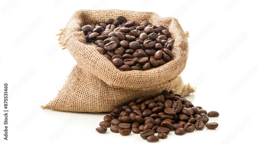 Fototapeta premium Coffee beans in burlap bag isolated. Coffee beans spilled out from burlap sack. Roasted coffee beans falling out of a burlap sack. Sackcloth bag with coffee beans, isolated on white background.
