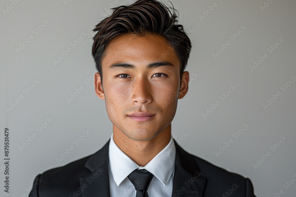 Portrait of a young man in a black suit on a grey background. Studio photography. Business and professional concept. Portrait of a young man in a black suit on a grey background. Studio photography. Business and professional concept.