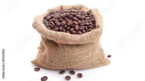 Coffee beans in burlap bag isolated. Coffee beans spilled out from burlap sack. Roasted coffee beans falling out of a burlap sack. Sackcloth bag with coffee beans, isolated on white background.