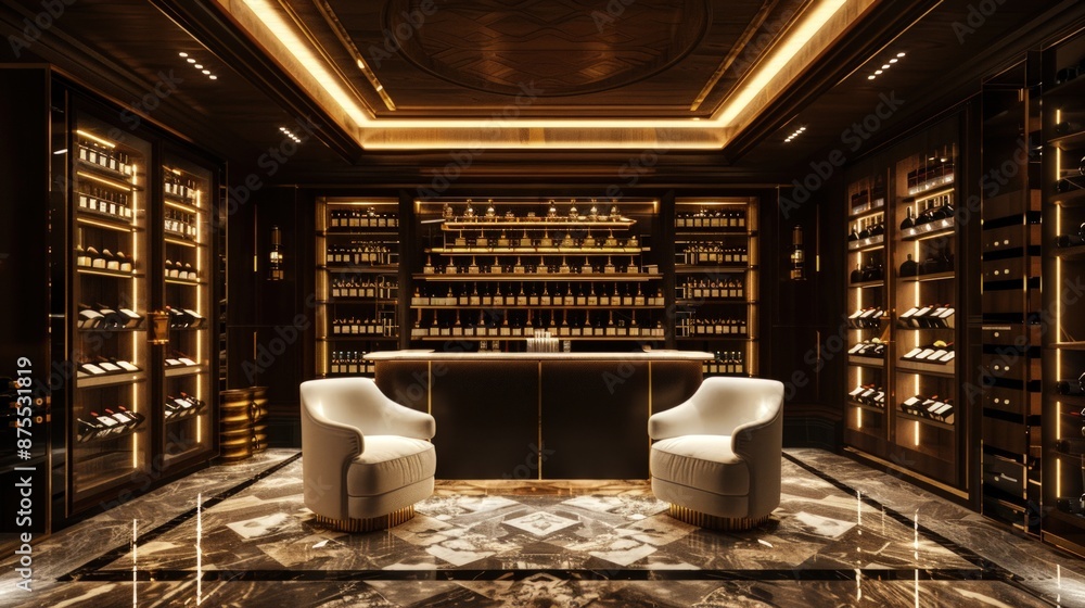 A large room with a bar and two white chairs. Generate AI image A large room with a bar and two white chairs. Generate AI image