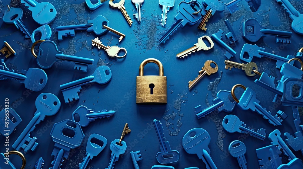 Fototapeta premium Conceptual Security Image, Blue Keys and Gold Padlock