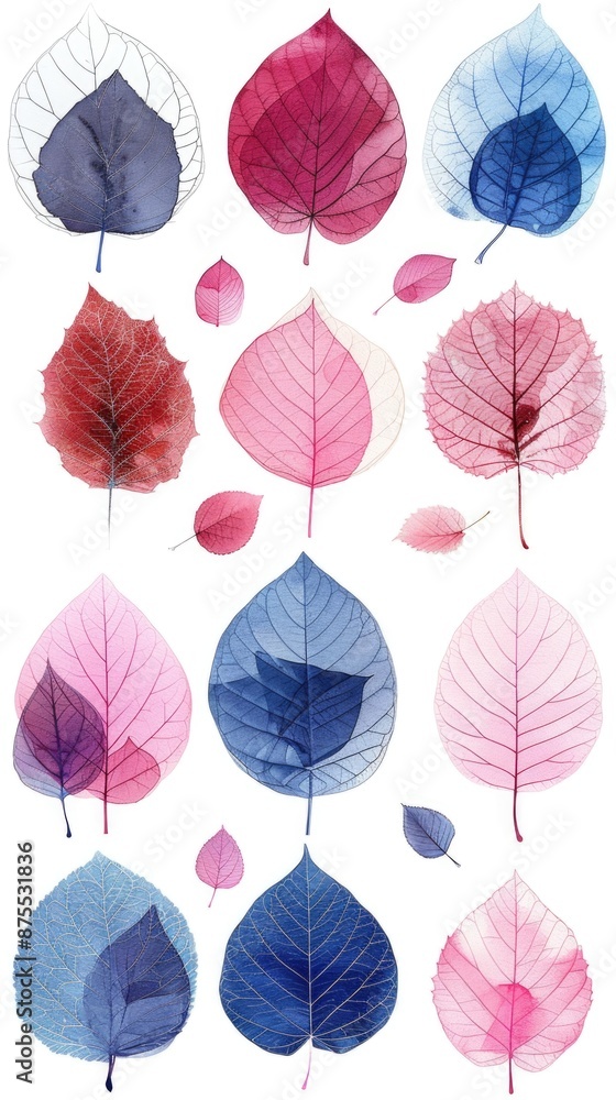 Obraz premium Nature-inspired pattern of translucent pink and blue leaves, evoking a serene and natural aesthetic.