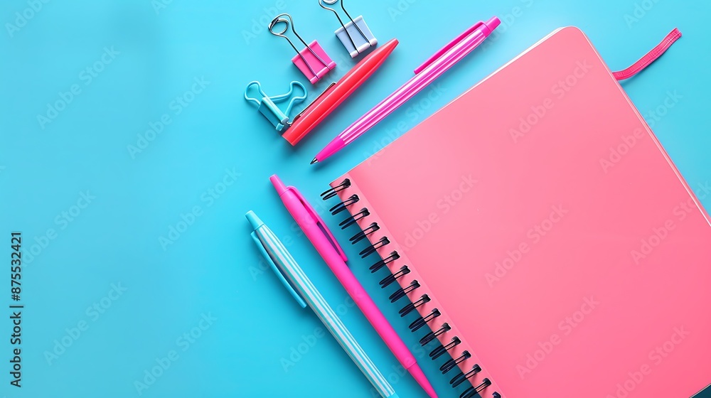 Pink notebook and pens on blue background with desk accessories, web banner with text space. Pink notebook and pens on blue background with desk accessories, web banner with text space.