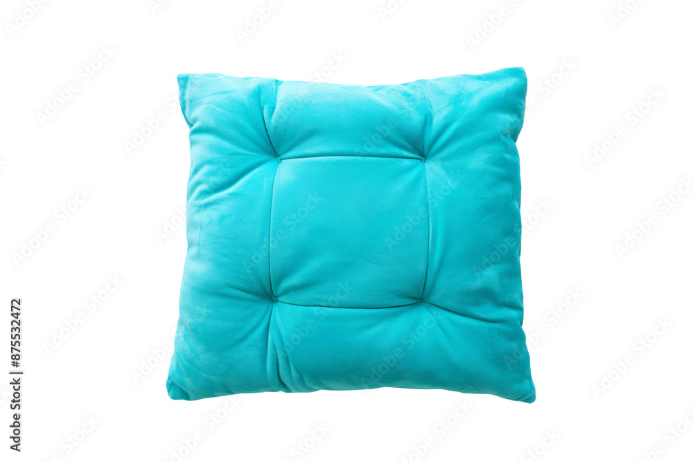 Obraz premium Bright turquoise pillow with tufted design,square-shaped,isolated on transparent background.For adding pop of color to any room,this high-resolution image emphasizes its soft texture