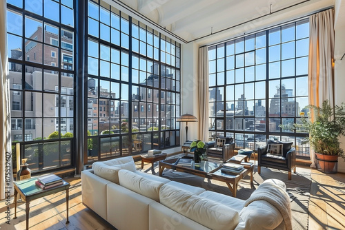 An industrial-style loft apartment featuring large, steel-framed windows that flood the space with sunlight, emphasizing urban chic