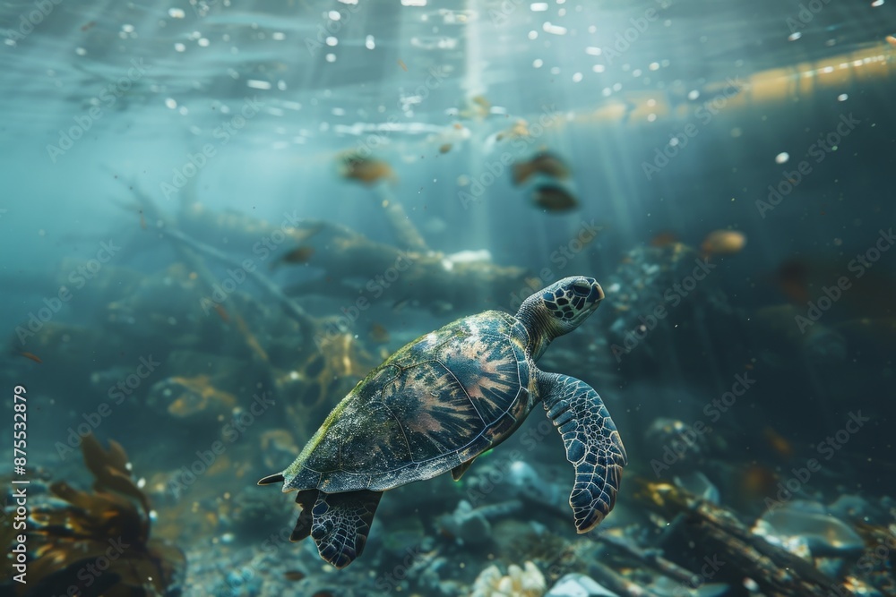 Obraz premium Sea turtle swims under water on the background of coral reefs. turtle underwater in the sun's rays against the backdrop of sea inhabitants. beautiful photo. Maldives Indian Ocean coral reef.