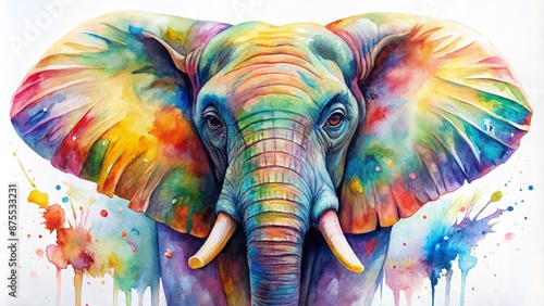 Vibrant Watercolor Elephant Painting - A colorful abstract watercolor painting of an elephant with bright splatter and drips. © ishootgood