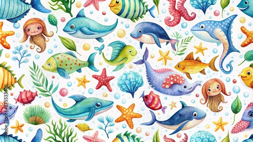 Watercolor Seamless Pattern with Cute Sea Animals, Fish, and Sea Life - Under The Sea Design, Kids Illustration, Underwater World, Marine Background © ishootgood