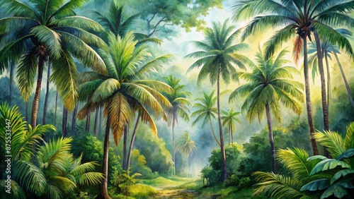 Watercolor Painting of a Lush Tropical Jungle with Sunlight Filtering Through Palm Trees © ishootgood