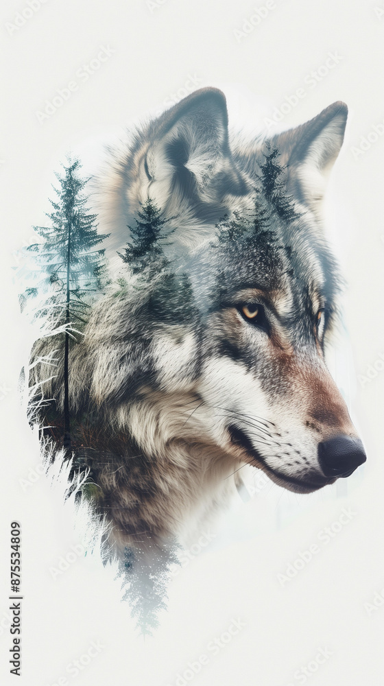 Fototapeta premium Double exposure of a wolf with a forest, created with generative AI technology