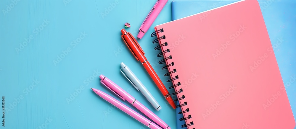 Pink notebook and pens with desk items on blue background, web banner with space for text. Pink notebook and pens with desk items on blue background, web banner with space for text.