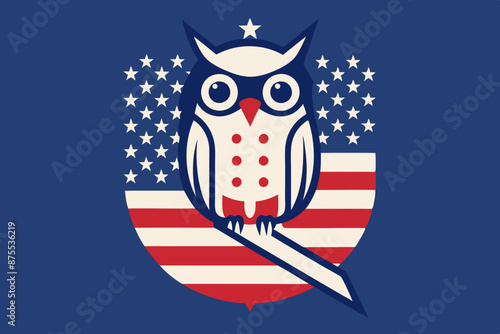 A T-shirt Design featuring an owl perched on a branch with the American flag draped around it. Add a backdrop of stars and stripes to complete the patriotic look