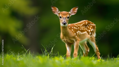 Standing gracefully in a park are three baby deer with white tails, similar to Bambi's photo