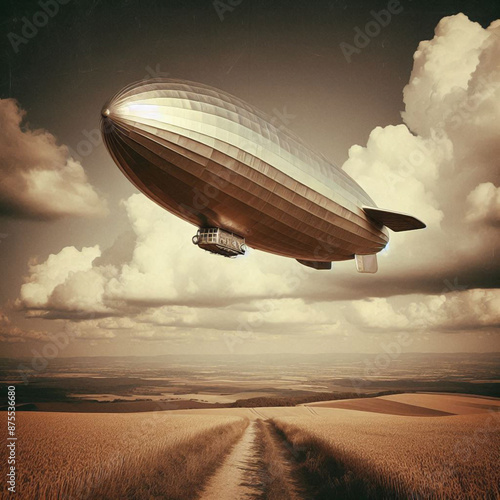 Blimp flying in the sky over the field on a scenic and vintage style. photo