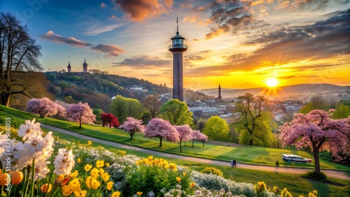 Stuttgart Killesbergturm Park Landscape Flowers Spring April Beautiful Sunset Outdoors Scenery Germany Europe photo