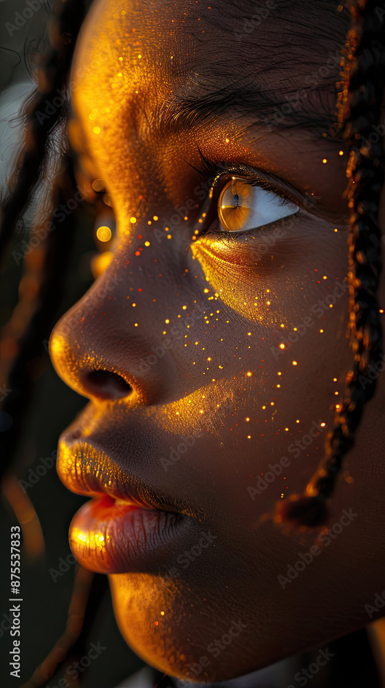 Close-up of Profile portrait of a dark-skinned African girl with golden light on her face, dark background, and braided hair. Close-up of Profile portrait of a dark-skinned African girl with golden light on her face, dark background, and braided hair.