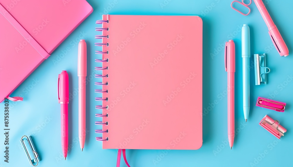 Pink notebook, pens, and desk items on blue background, web banner for product copy space. Pink notebook, pens, and desk items on blue background, web banner for product copy space.