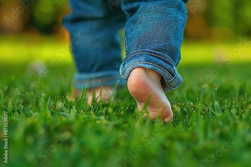 Barefoot baby feet in rolled-up jeans on soft grass, showing a closeup of small, joyful steps in the park.