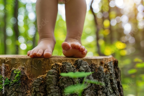 Closeup of a small child's bare feet on a large tree stump in the forest, with wood texture and surrounding park greenery visible.