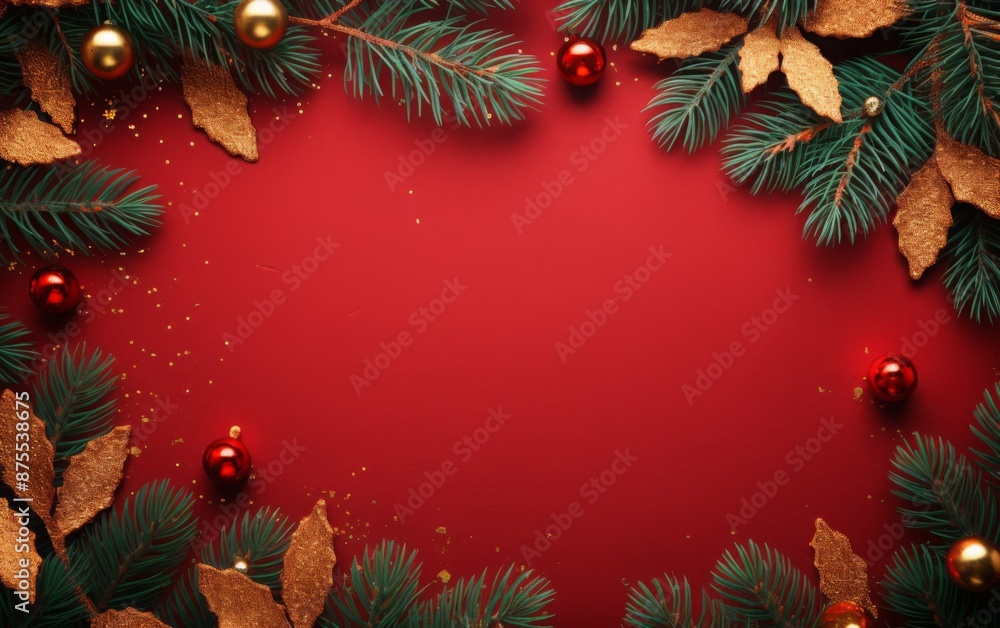 Christmas background with xmas tree and sparkle bokeh lights on red canvas background. Merry christmas card. Winter holiday theme. Happy New Year. Space for text Christmas background with xmas tree and sparkle bokeh lights on red canvas background. Merry christmas card. Winter holiday theme. Happy New Year. Space for text