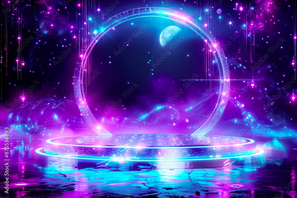An empty, lighted catwalk for a fashion show in front of an audience. The background of the event is in a fashionable style An empty, lighted catwalk for a fashion show in front of an audience. The background of the event is in a fashionable style