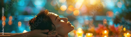 Nuad Thai therapist applying pressure points, focus on healing, ethereal, blend mode, peaceful spa backdrop